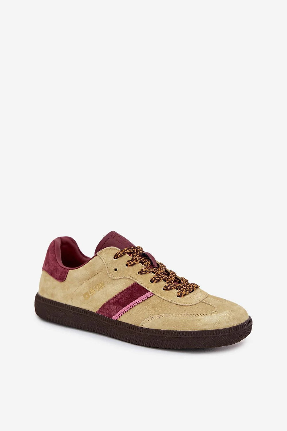 baskets basses femme BigStar daim naturel beige rétro décontracté empiècements bordeaux semelle caoutchouc marron lacets tressés col rembourré confort hipoly