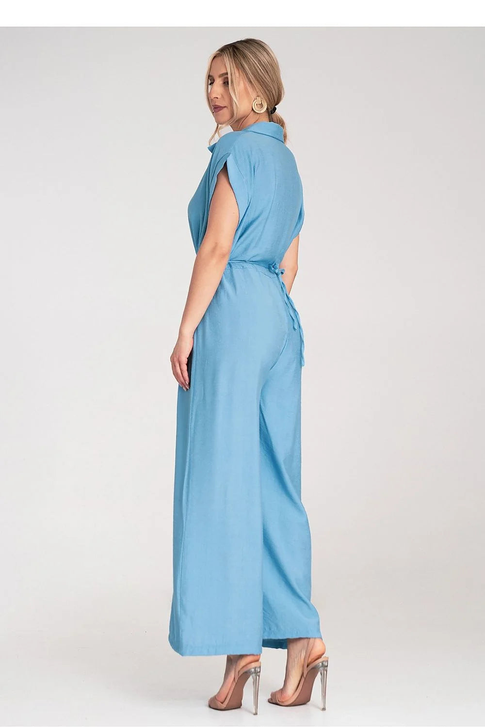 Combinaison Figl élégante moderne femme couleur bleu uni ceinture fleur tissu léger manches courtes