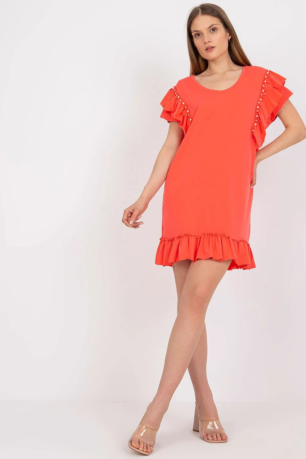 robe estivale corail légère fluide coton viscose col rond coupe droite manches courtes volants perles ourlet volanté féminine chic confortable