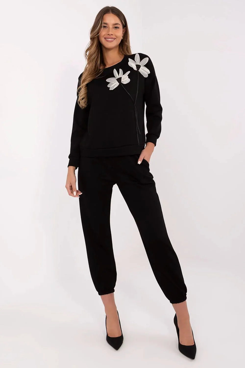 Ensemble femme Italy Moda sweatshirt et pantalon noir floral motifs style casual chic confortable quotidiien