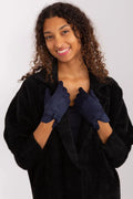 Gants élégants pour femmes en tissu lisse isolé avec nœuds aux poignets et fleur brodée, 60% coton, 5% élasthanne, 35% polyester, bleu foncé,配套外套 fourrure synthétique noire