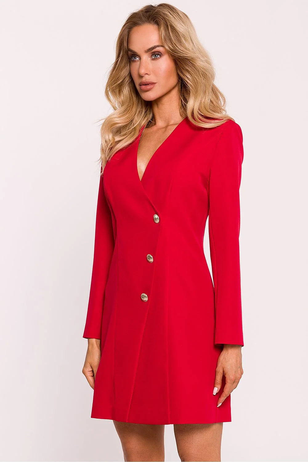 Robe blazer élégante pour femme style moderne coupe ajustée manches longues fermeture asymétrique boutons dorés couleur rouge vif occasion soirée professionnelle