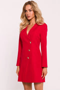 Robe blazer élégante pour femme style moderne coupe ajustée manches longues fermeture asymétrique boutons dorés couleur rouge vif occasion soirée professionnelle