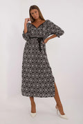 robe midi coton naturel broderie ajourée décolleté noeud romantique manches troisquarts volants doublée ceinture nouée fente latérale fluide boheme chic
