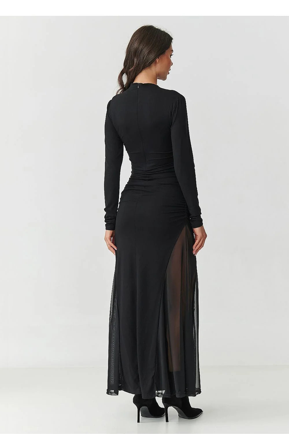 robe longue maxi noire femme moulante cintrée col montant manches longues maille stretch fronces taille fentes latérales tulle transparent sexy