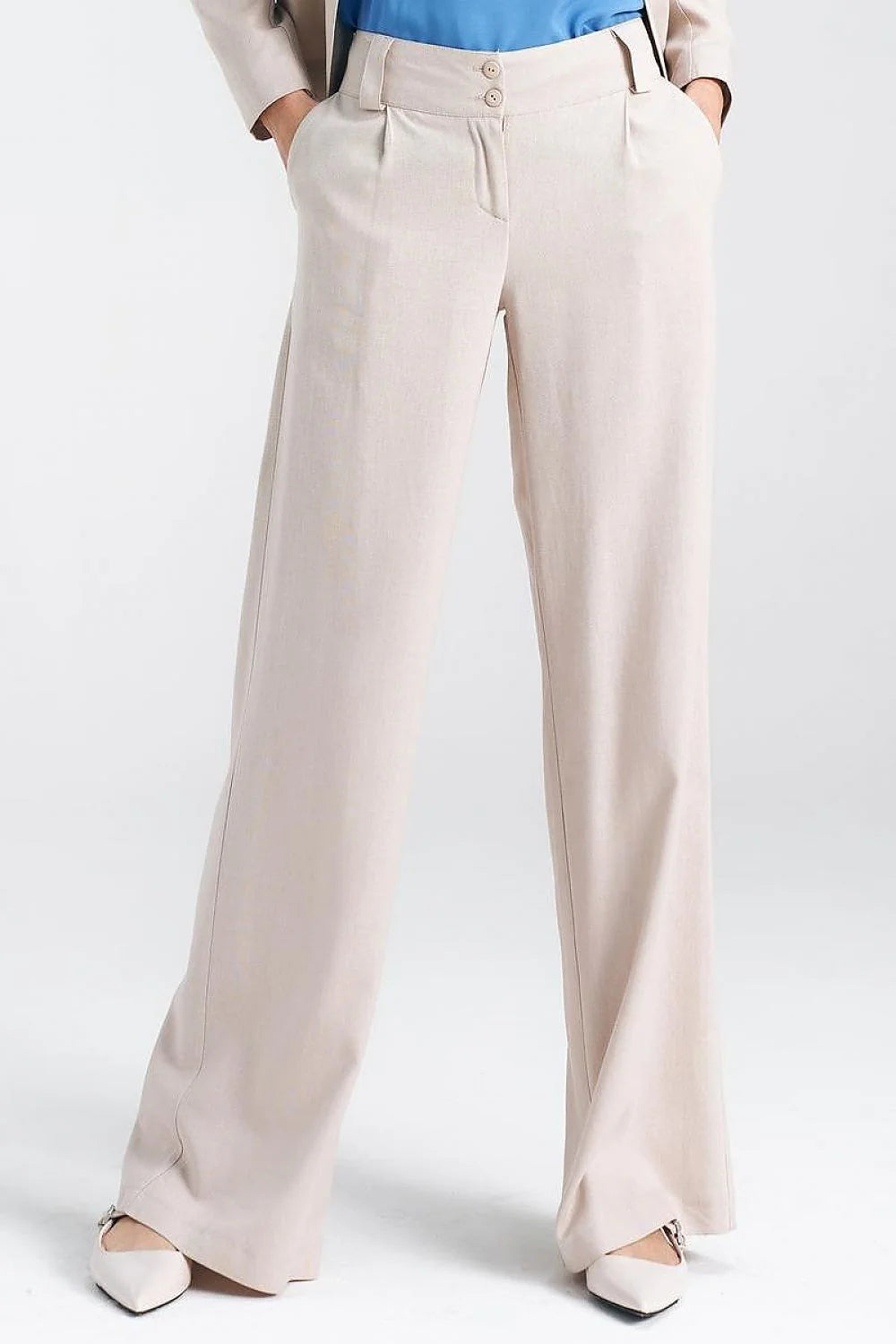 Pantalon femme élégant beige clair coupe large taille haute ceinture large poches latérales fermeture éclair boutons