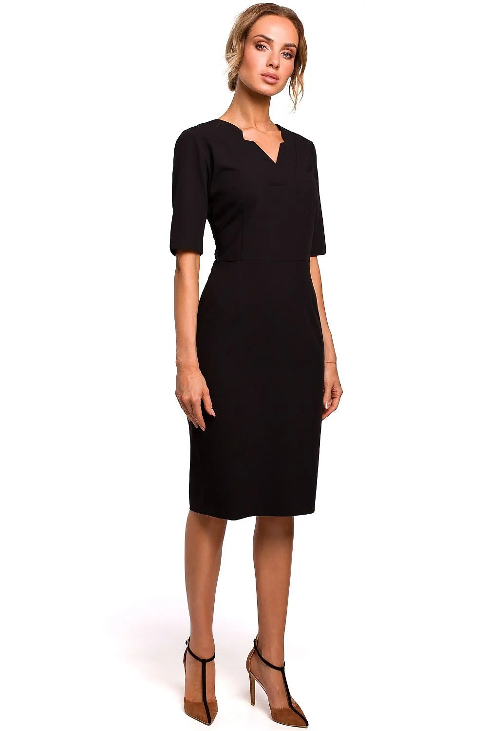 robe fourreau midi bleu royal ajustée structurée taille marquée encolure V manches mi longues tissu polyester viscose elasthanne maintien élégant
