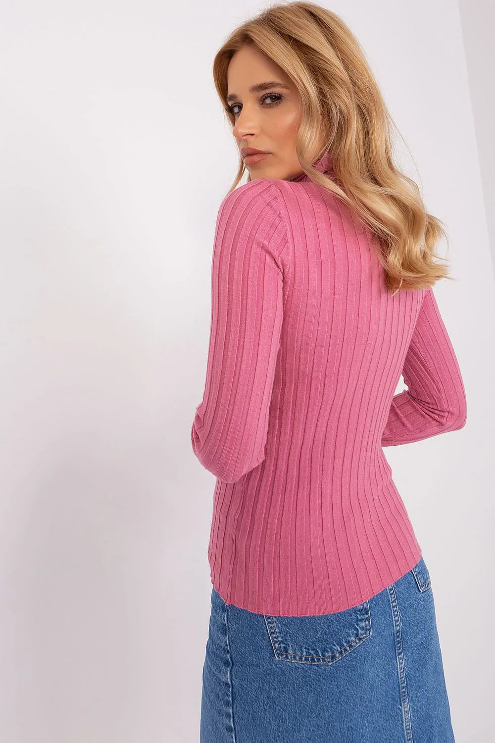 Pull col roulé femme couleur rose vif en viscose nylon polyester coupe ajustée manches longues pour travail et quotidien
