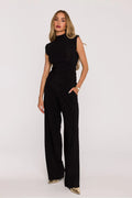ensemble femme moderne élégant minimaliste noir jersey extensible doux drapé col montant sans manches pantalon palazzo taille haute