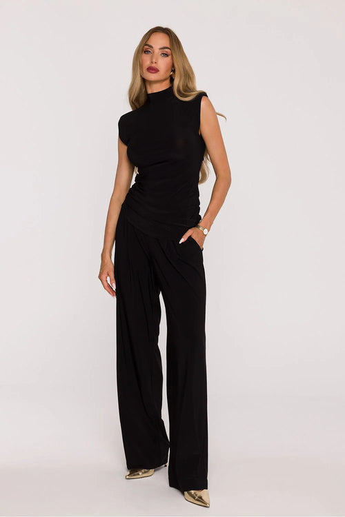 ensemble femme moderne élégant minimaliste noir jersey extensible doux drapé col montant sans manches pantalon palazzo taille haute