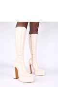 bottes vernies cuir synthétique beige crème tige 37cm bout pointu plis subtils talon bloc 15cm plateforme 5cm fermeture éclair latérale