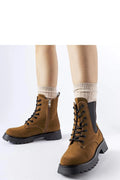 Bottes combat femmes style moderne suède synthétique marron clair zip latéral cuir élastique lacets noir semelle épaisse crantée