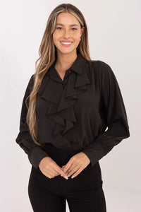 chemise femme noire manches longues poignets boutonnés volants cascade plastron jabot col classique polyester fluide léger élégant