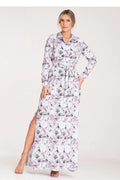 robe longue fluide chemise imprimé floral rose poudré blanc gris col chemisier manches longues ceinture nouée fente latérale élégante féminine