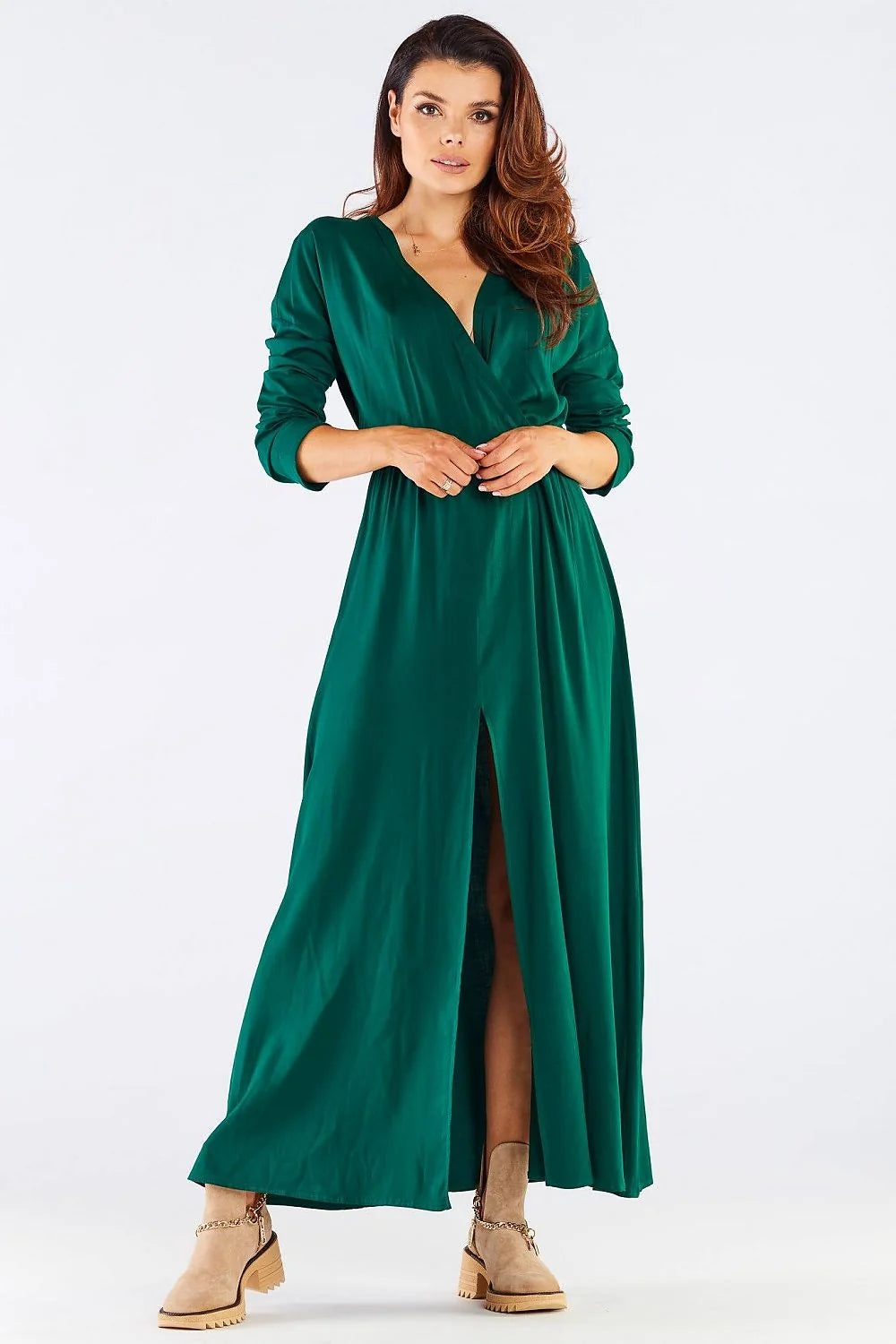 Robe de jour portefeuille élégante longue manches longues décolleté V vert femme viscose Poland taille ajustable