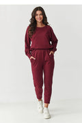 ensemble loungewear femme bordeaux molleton coton élasthanne sweatshirt col rond manches longues poignets côtelés pantalon jogger taille élastique poches