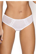 Culotte féminine élégante classique maille extensible insert broderie motifs géométriques floral tissu transparent blanc