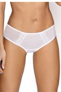 Culotte féminine élégante classique maille extensible insert broderie motifs géométriques floral tissu transparent blanc