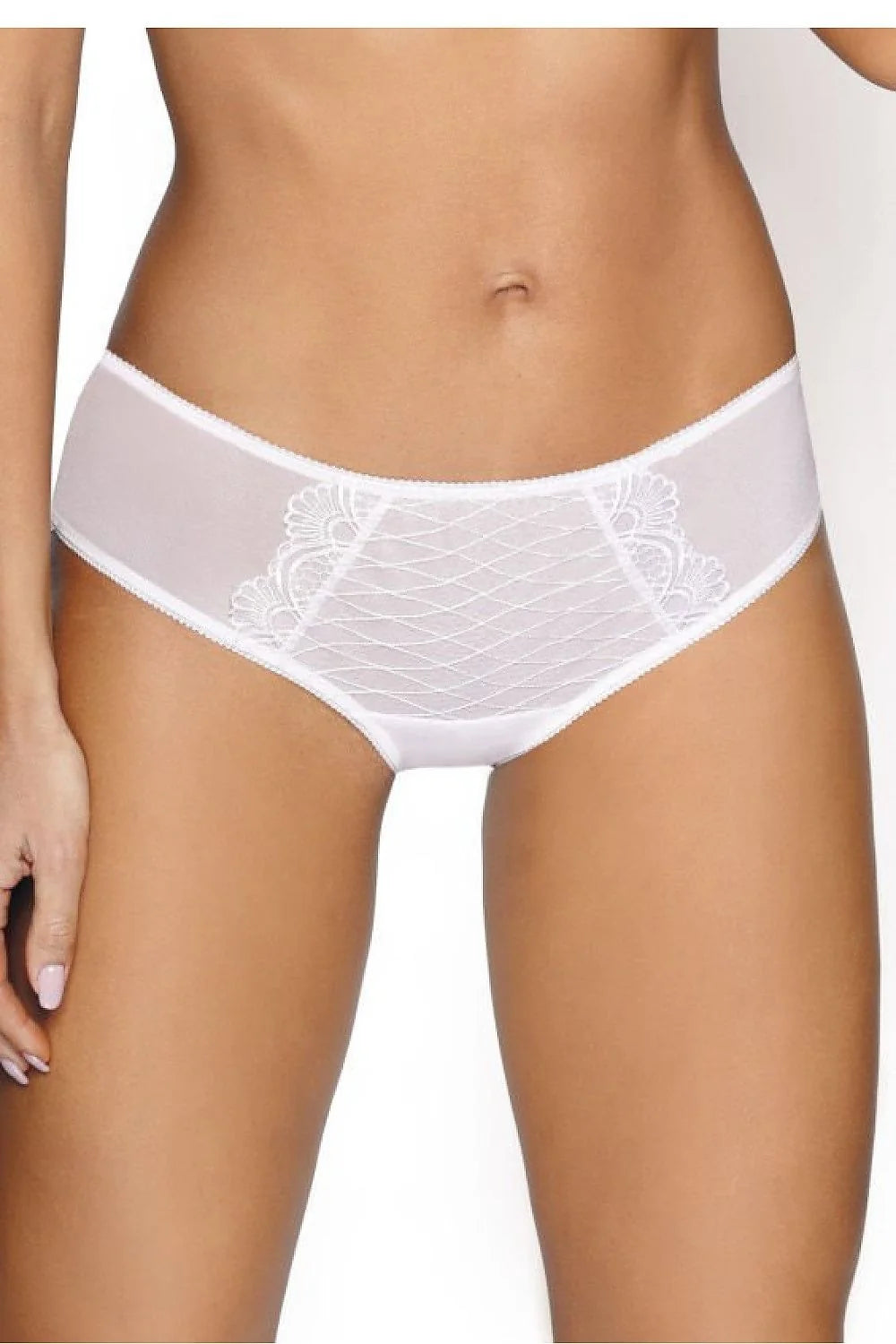 Culotte féminine élégante classique maille extensible insert broderie motifs géométriques floral tissu transparent blanc