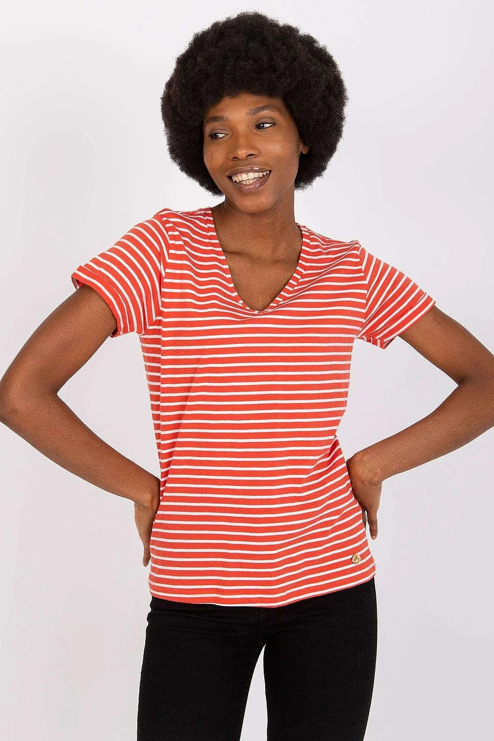 T-shirt Stitch&Soul rayures rouges et blanches manches courtes col en V coton 100% polyvalent femme