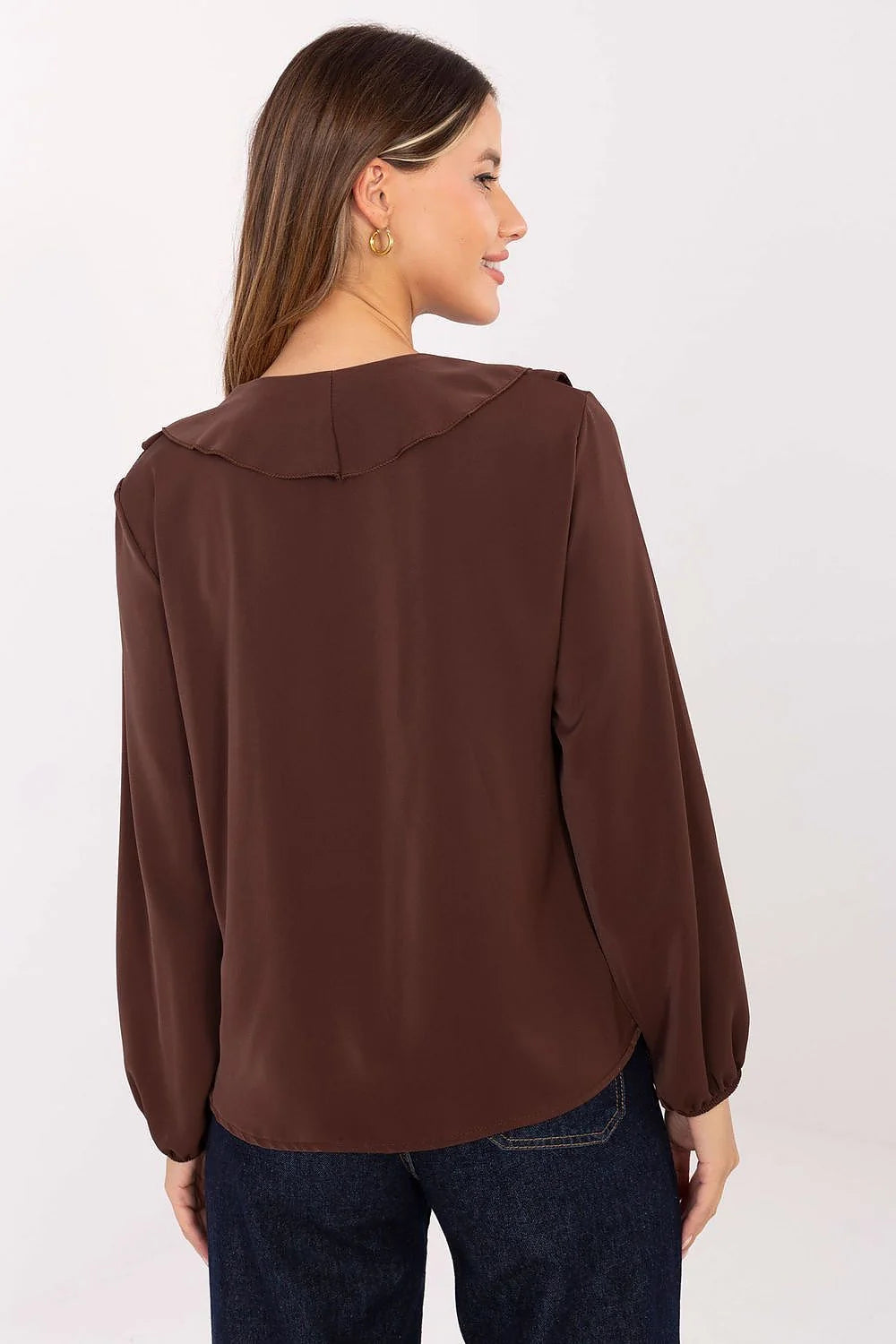 blouse femme manches longues volants jabot viscose polyester elasthanne chiffon marron colV fronces épaules bouffantes