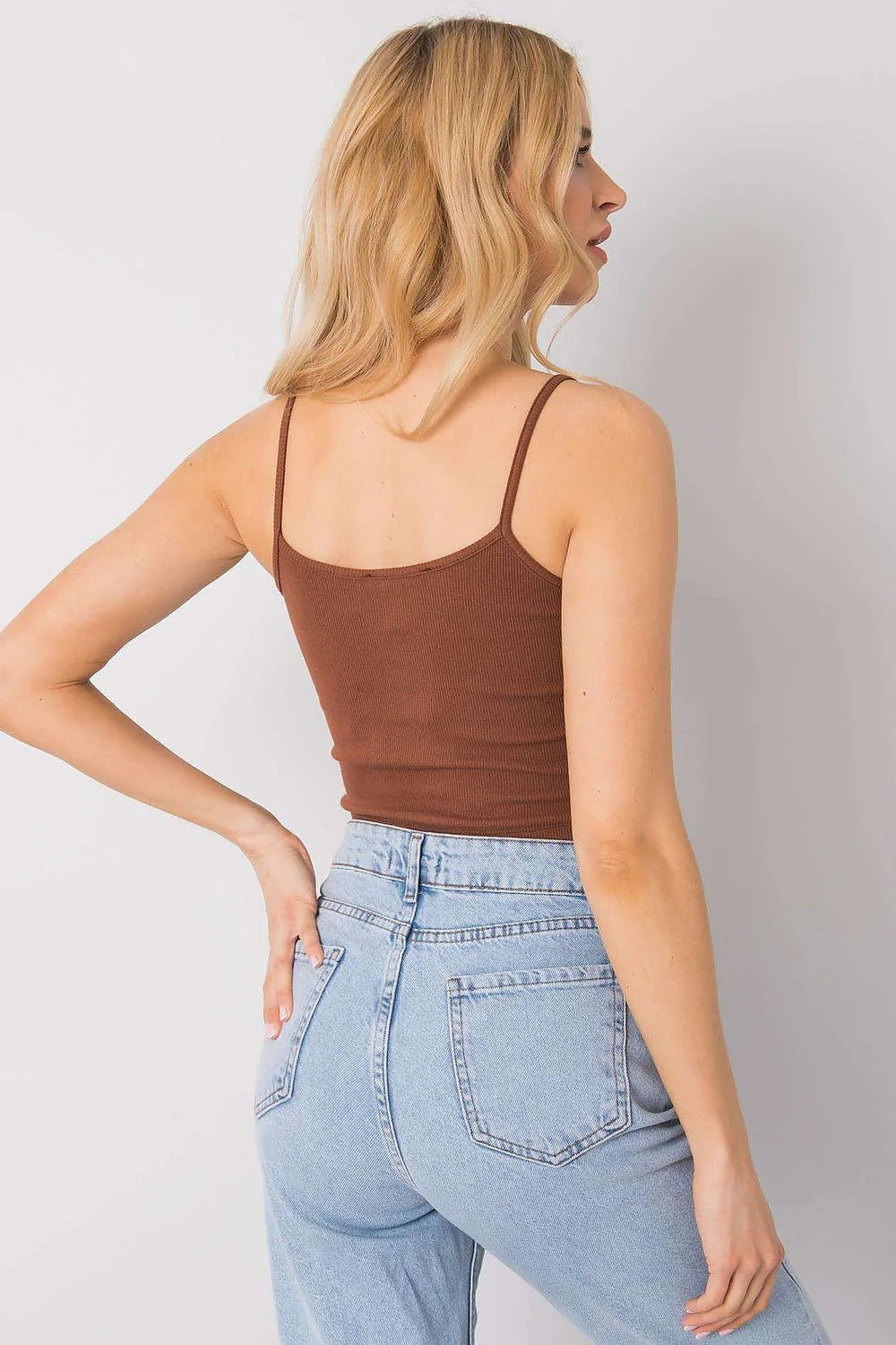 Débardeur Femme Style Basique Décontracté Coupe Ajustée Bretelles Fines Matériau Côtelé Coton Élasthanne Brun Terreux Été