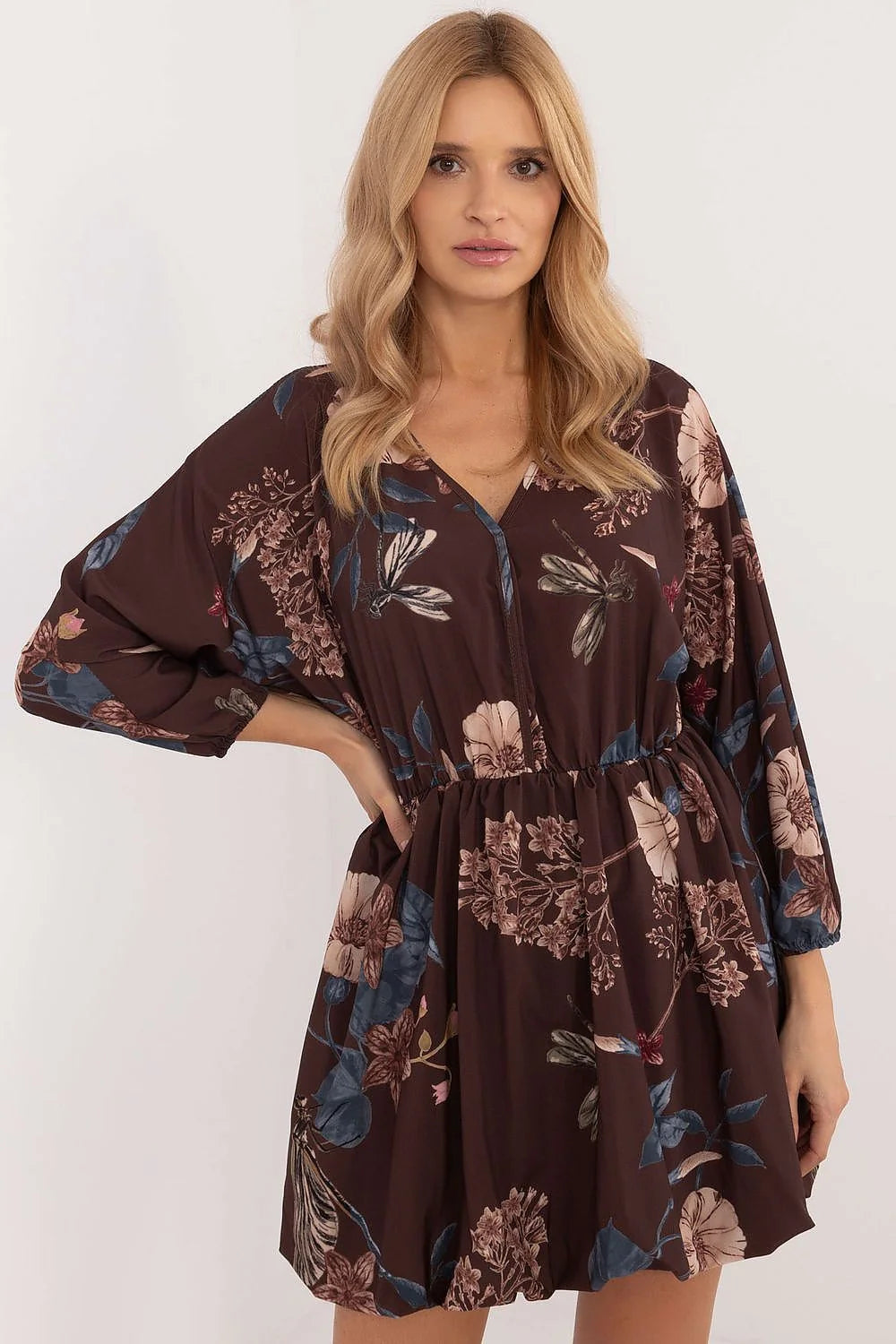 Robe de jour élégante longue manches longues encolure en V motif floral multicolore taille élastiquée femme