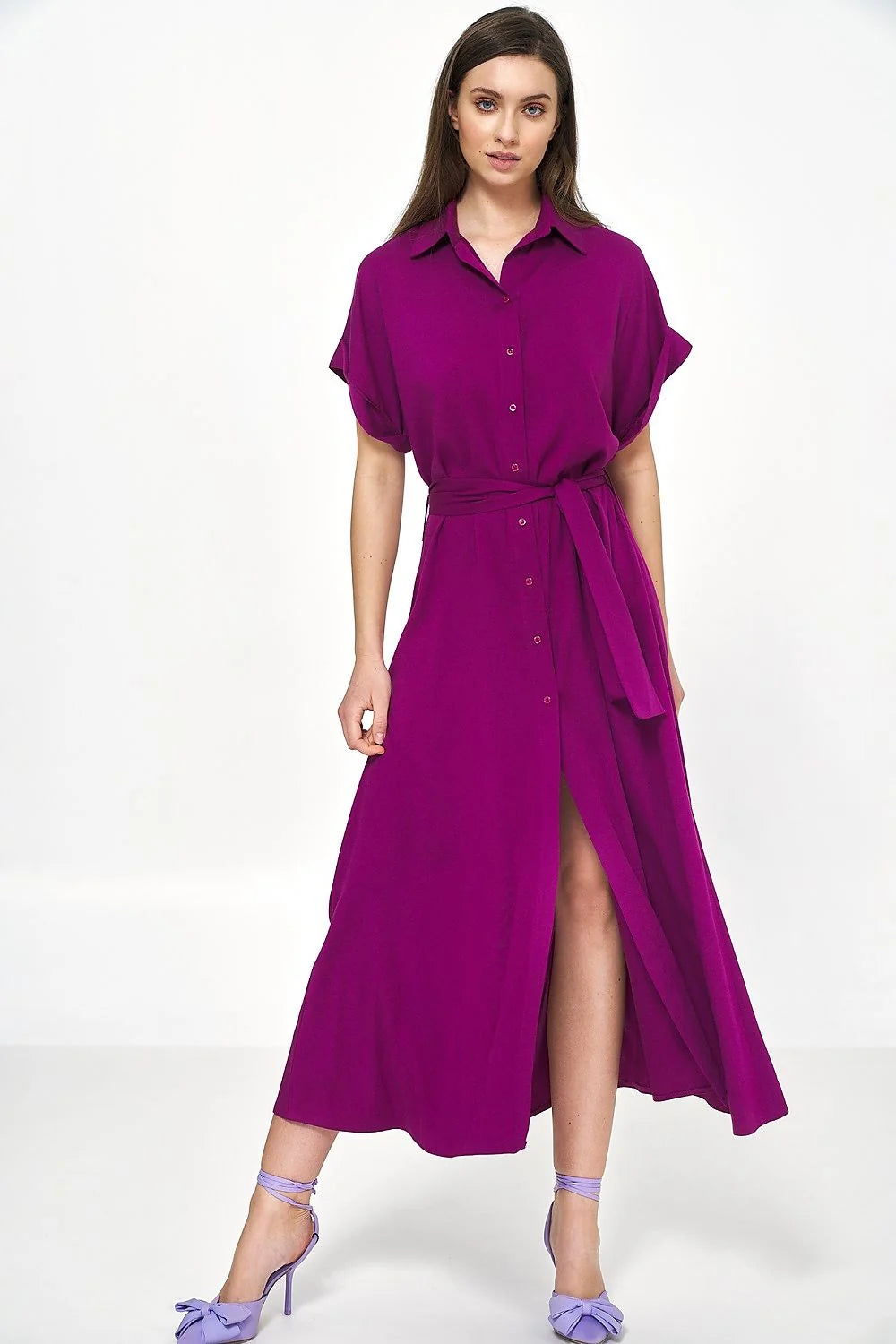 Robe de jour élégante fuchsia chemisier manches courtes ceinture boutons fente longueur mollet femme