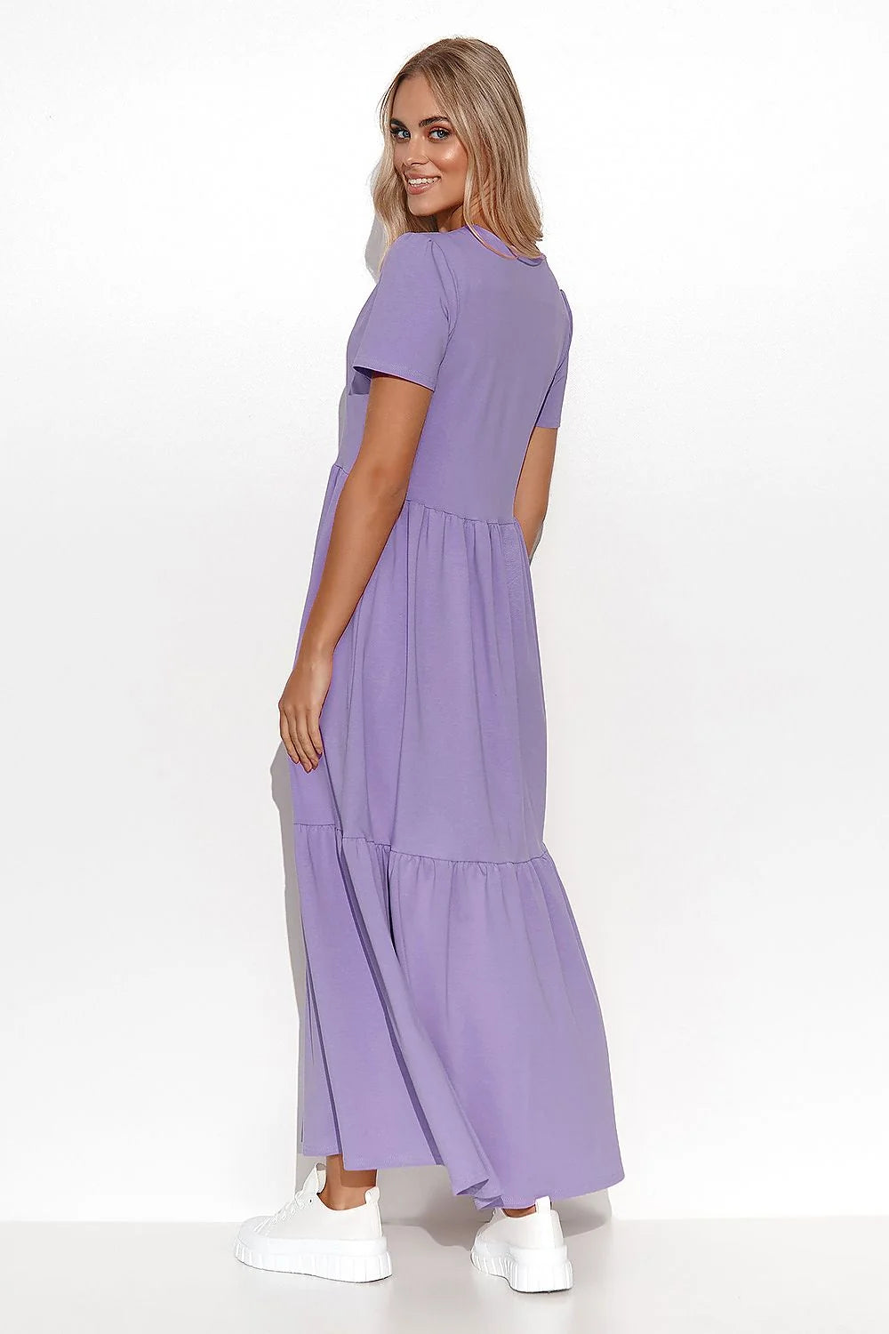 Robe de jour Makadamia en coton lavande style moderne coupe ample manches courtes col V fronces poches latérales femme