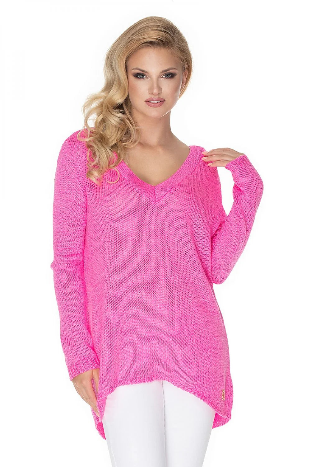 pull femme rose fuchsia tricoté maille fine oversize col V manches longues coupe ample ourlet asymétrique plongeant doux respirant viscose