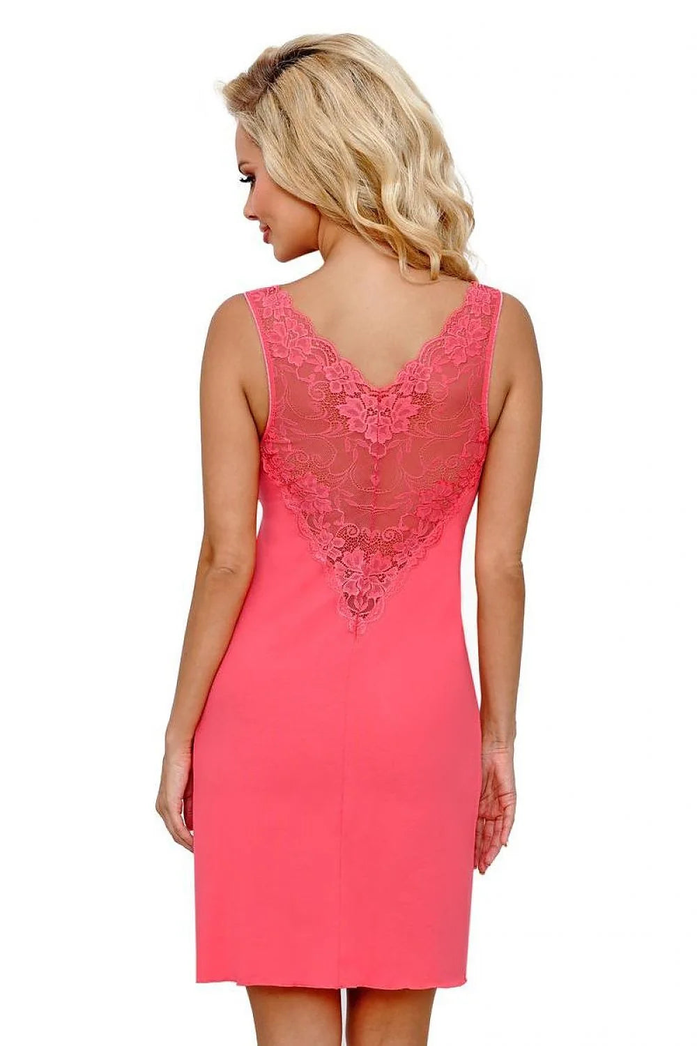 Chemise de nuit féminine élégante en dentelle rose vif manches longues encolure V ajustée soie viscose élasthanne 5% femme