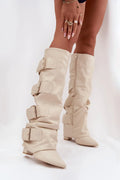 bottes hautes femme beige crème similicuir lisse slouchy bout pointu talon bas carré sangles larges boucles dorées réglables