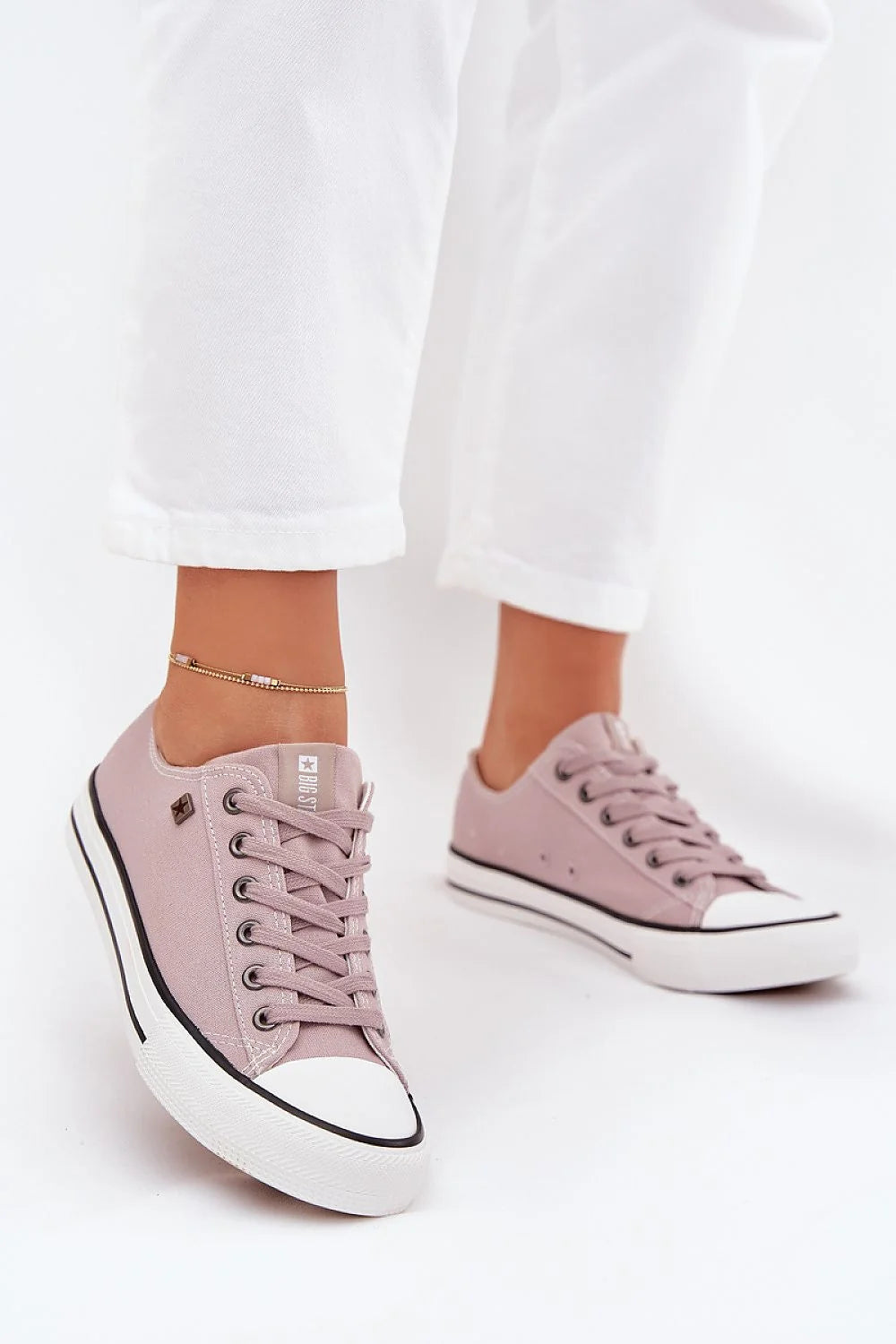 baskets basses femme toile rose poudré bout rond semelle caoutchouc épaisse antidérapante lacets métalliques rembourré discret logo Big Star