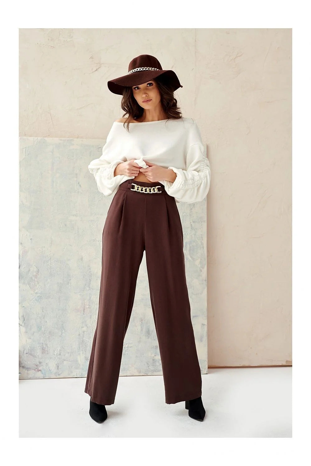 pantalon femme élégant jambe large palazzo marron chocolat taille haute ceinture chaîne dorée fluide respirant viscose polyester Pologne soirée