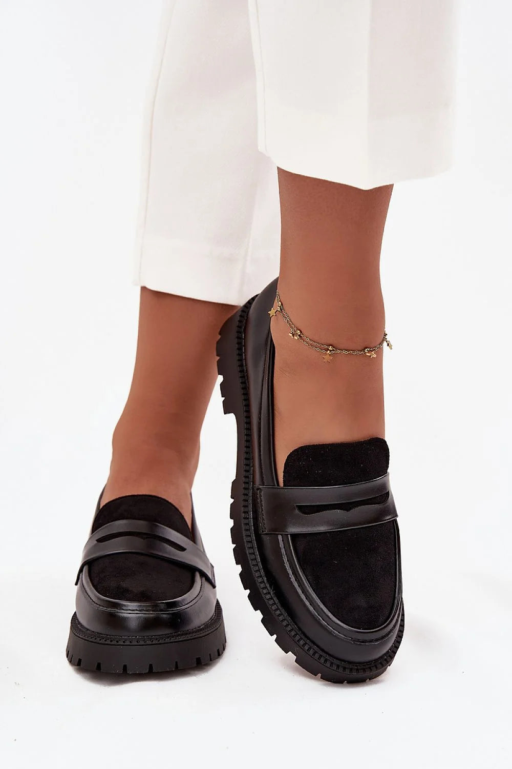 mocassins femme cuir écologique noir suède insert penny bout arrondi surpiqûres minimaliste semelle plateforme crantée antidérapante talon plat confortable polyvalent