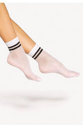 Chaussettes hautes élégantes pour femmes, style moderne, couleur blanche transparente, motif rayures noires horizontales, coupe cheville, matériau synthétique résistant, confortable et durable