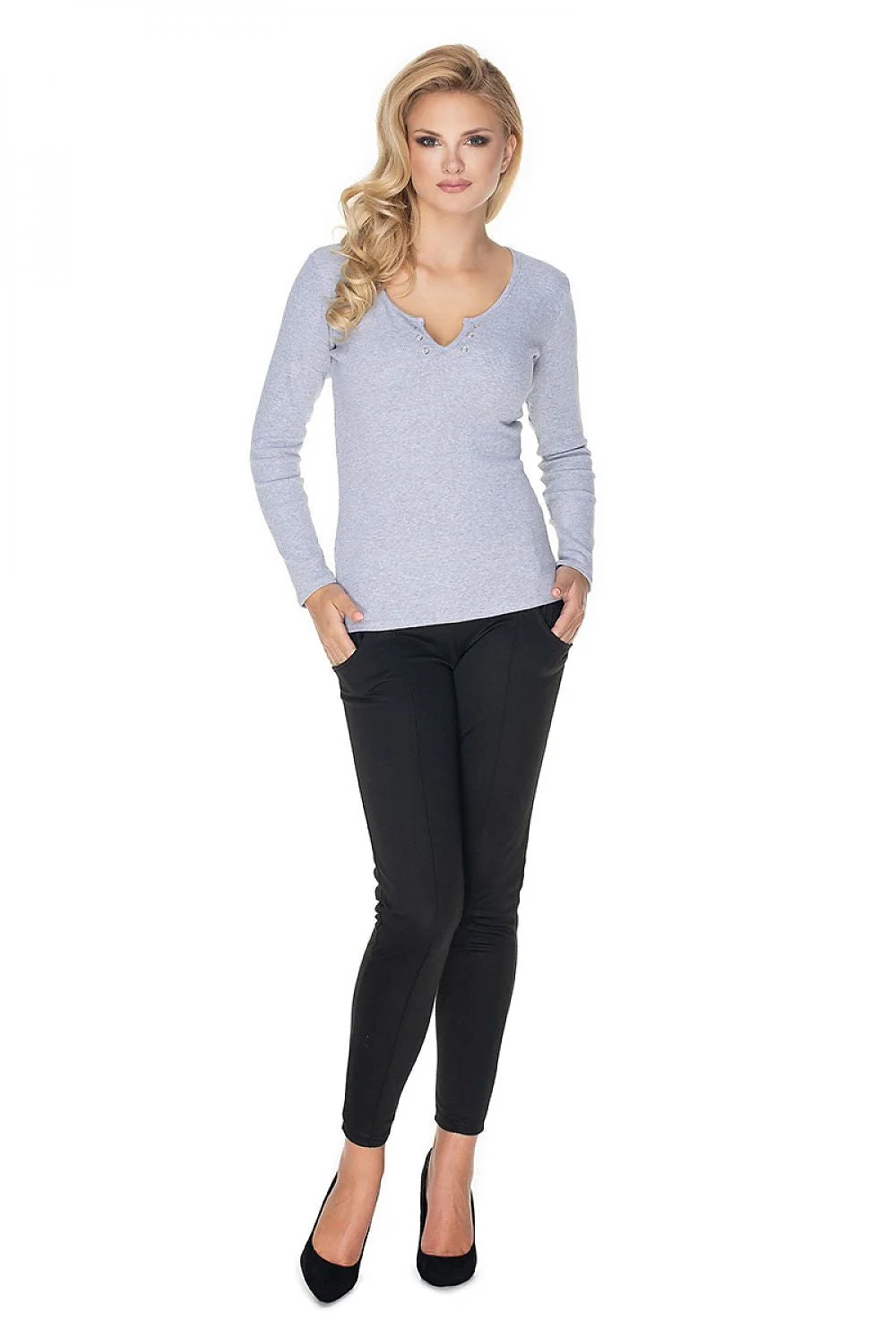 Chemisier en coton côtelé noir ajusté manches longues style moderne femme col œillets élégant