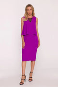 robe crayon fuchsia midi sans manches haut superposé dentelle col V satiné léger silhouette ajustée fente arrière fermetures dissimulées polonaise
