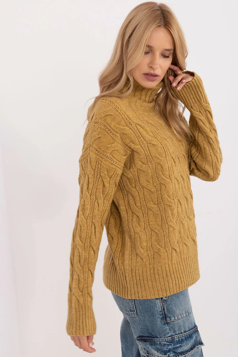 Pull-over femme style décontracté col roulé tricot torsadé moutarde laine polyester polyamide manches longues