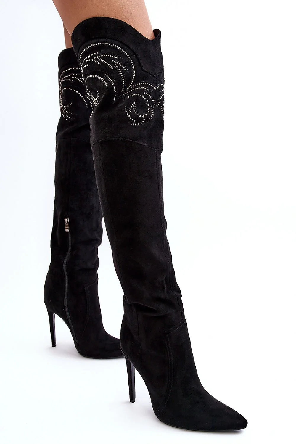 Bottes à talons aiguilles hautes cuissardes style audacieux élégant éco-suède noire fermeture éclair strass femme