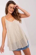 Top féminin en dentelle boho-chic cœur spaghetti coton viscose beige été femme