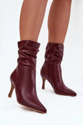 bottines bordeaux similicuir bout pointu fermeture éclair latérale talon aiguille moyen mi cheville froncée semelle fine beige silhouette élancée chic