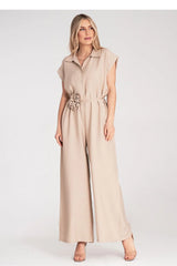 Combinaison femmes épurée style minimaliste viscose beige coupe ample ceinture fleur motifs floraux manches courtes col chemisier