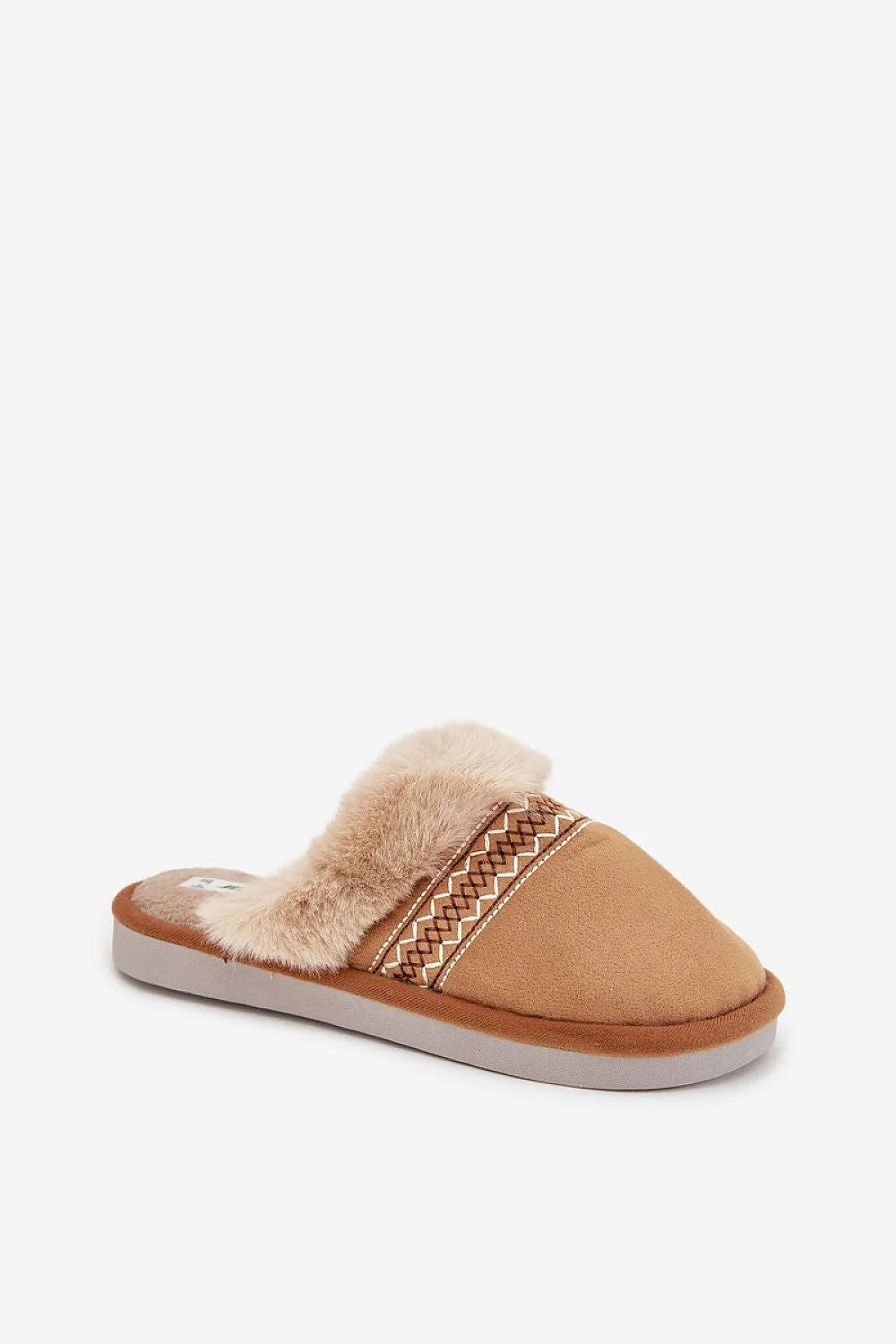 chaussons mules intérieur femme suédine camel broderie géométrique parement fausse fourrure crème semelle extérieure épaisse blanche semelle intérieure moelleuse cocooning