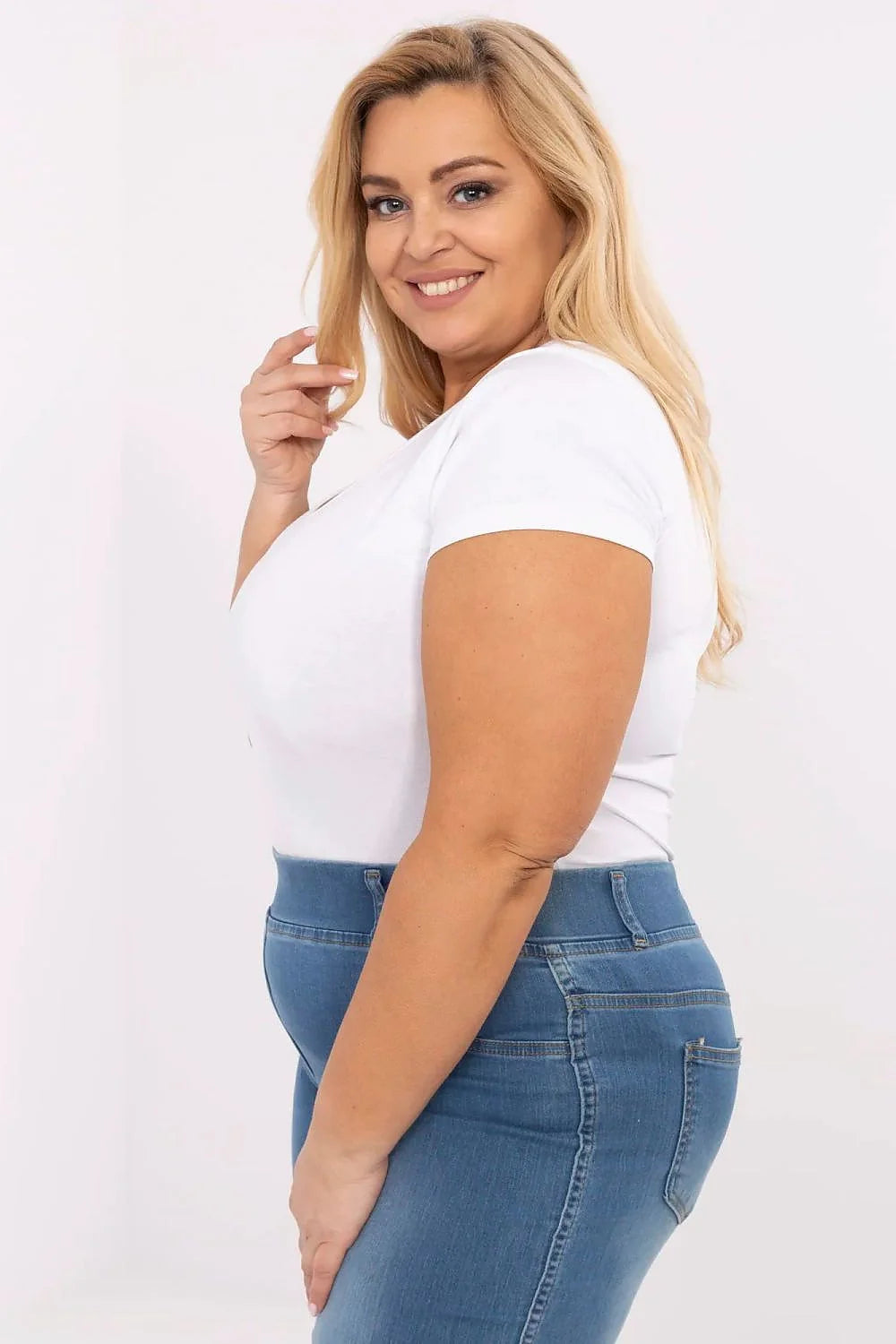 T-shirt femme grande taille casual col rond manches courtes coton élasthanne blanc polyvalent occasion quotidienne travail