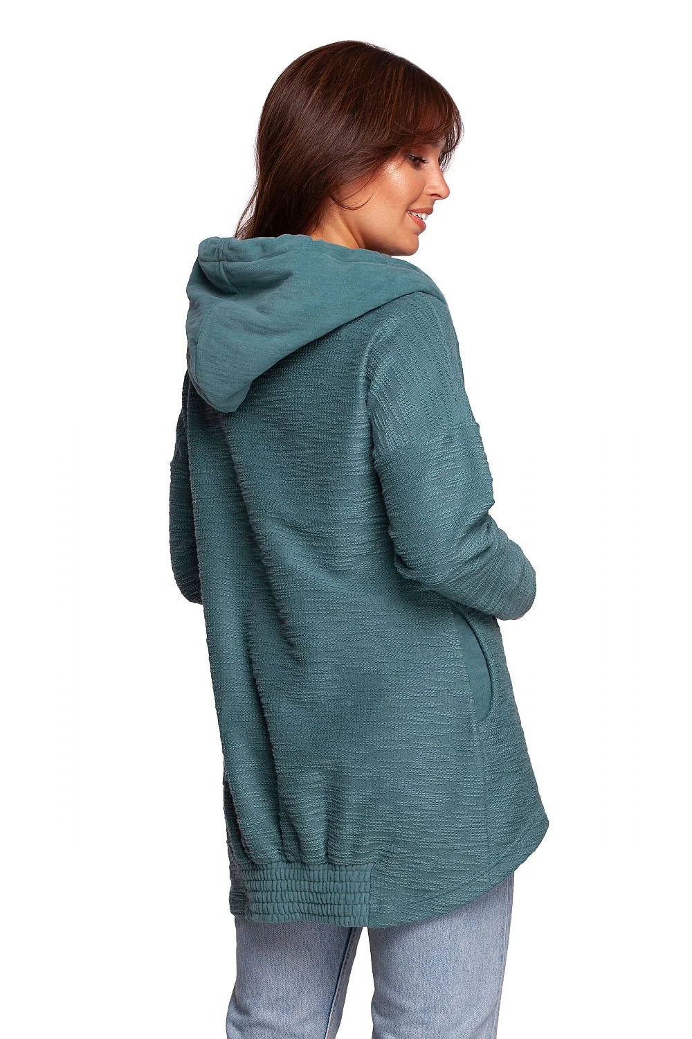 sweatshirt oversize femme crème coton doux confortable coupe ample tunique asymétrique col cheminée cordons pastilles marron poches latérales manches longues