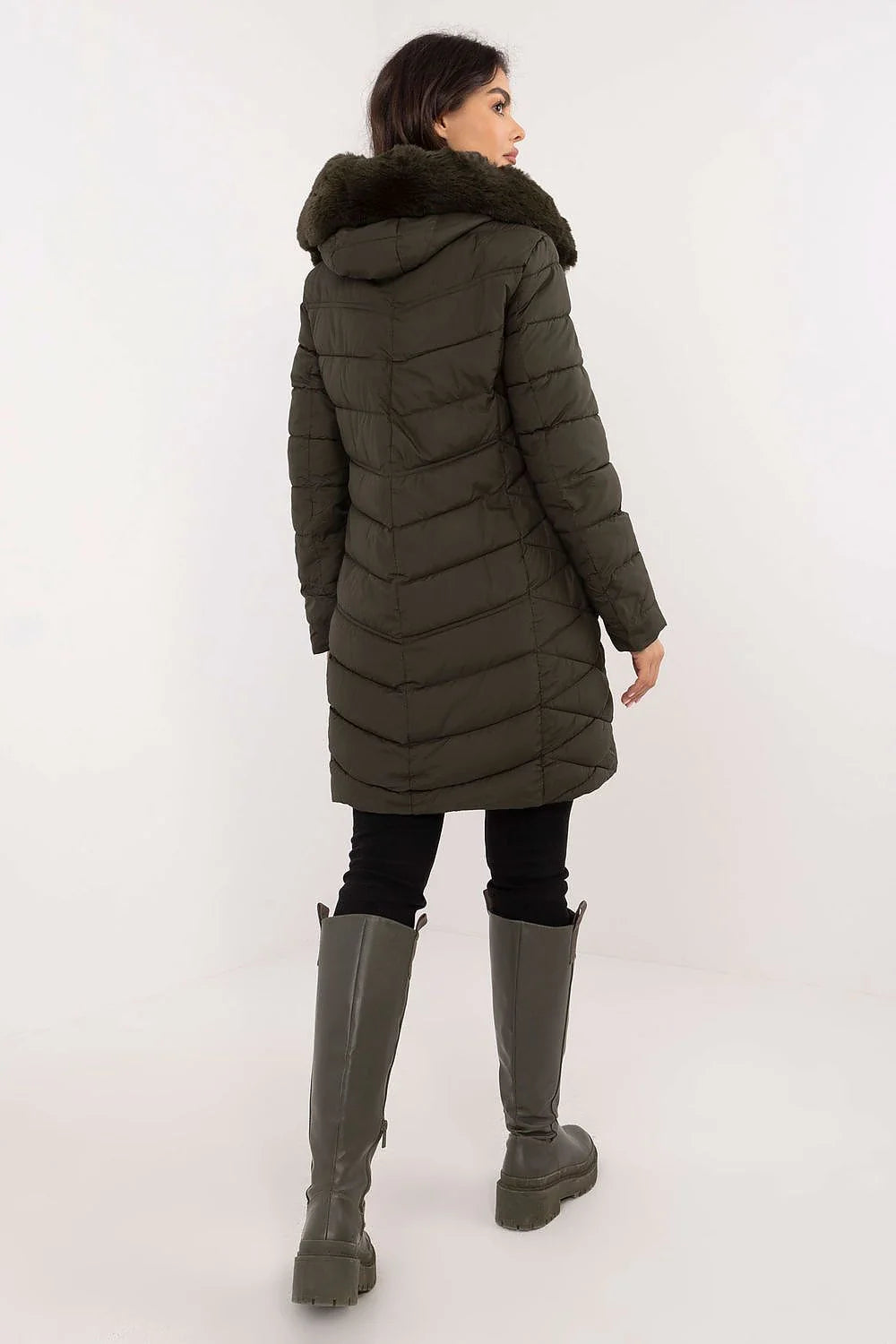 Manteau d'hiver pour femme longue coupe droite en polyester faux fourrure kaki foncé capuche cordon inscriptions surpiqûres matelassées