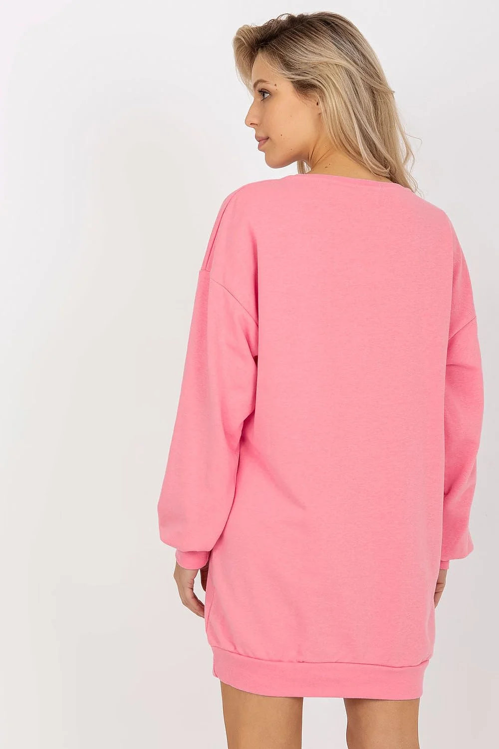 sweatshirt oversize rose bonbon coupe longue robe sweat col rond imprimé TEXAS blanc contour noir manches bouffantes poignets côtelés poches