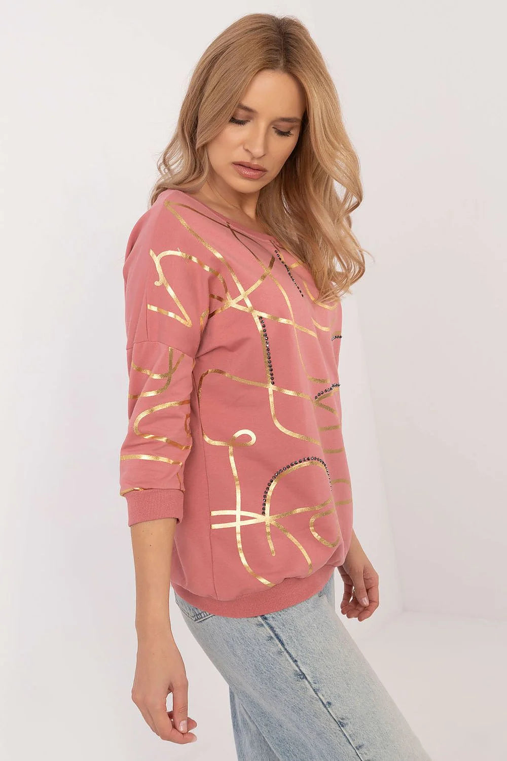 Pull à manches longues style casual-chic rose poudré doré motif abstrait femmes