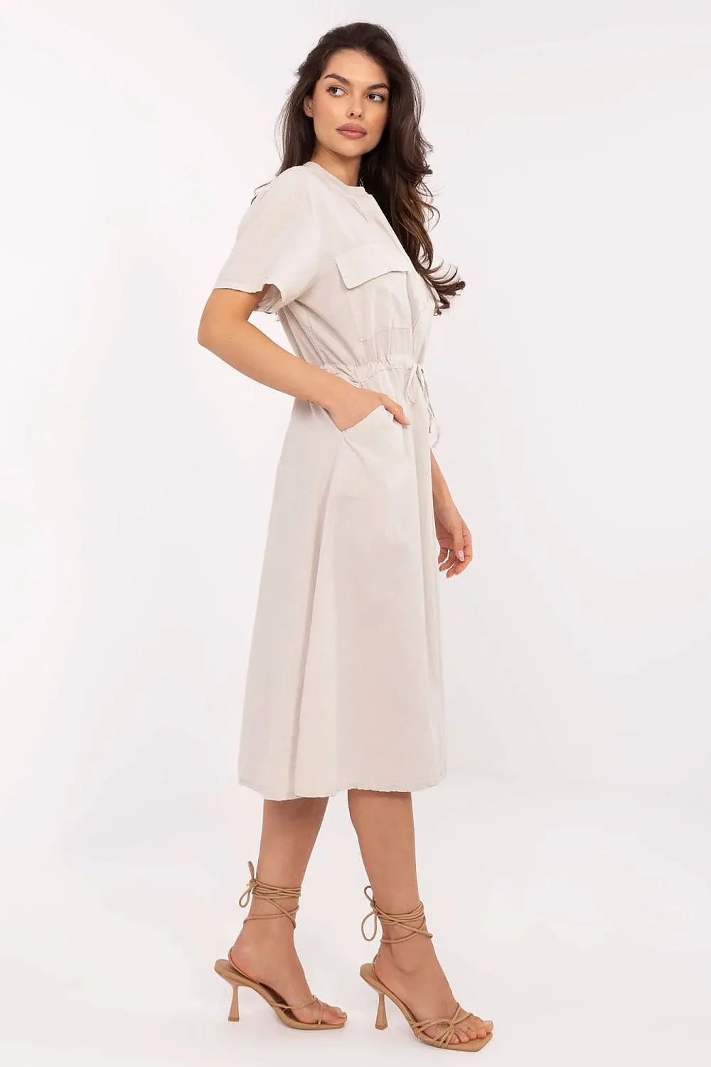 Robe de jour Italy Moda élégante coupe évasée mi-mollet col Mao manches courtes poches décoratives coton respirant taille ajustable beige crème femme versatile occasion quotidienne
